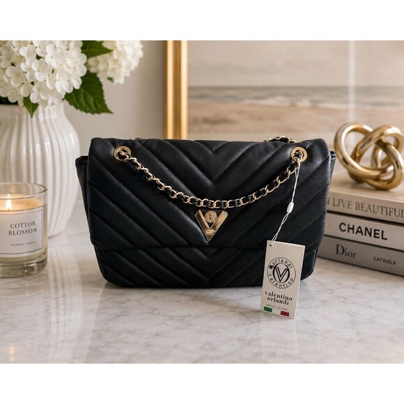 Valentino Orlandi Handbags - Valentino Orlandi V Quilted Black Italian Vegan Leather Crossbody Bag NWT